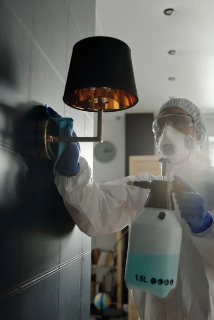 team-03 Close-up of gloved hands disinfecting a remote control with a cloth and spray bottle.